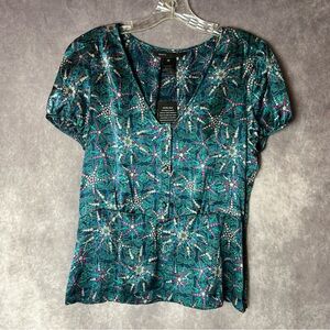 Marc Jacobs 100% Silk Blouse Top Size 10 Teal Pink Print NWT